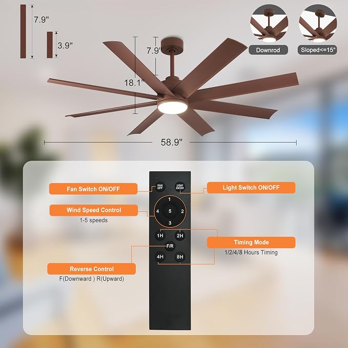 Depuley 60-Inch Ceiling Fan with Light: 8-Blade Large Ceiling Fans with Remote Control - Ultra Quiet DC Motor Reversible Timer Brown