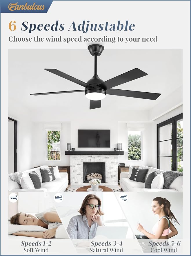 Fanbulous 48 Inch Ceiling Fan with Light and Remote, Black Ceiling Fans with Light, 5 Dual-Color Blades, Reversible Quiet DC Motor, 6 Speeds, 3CCT Adjustable LED for Bedroom Living Room Kitchen Patio