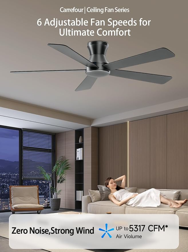 Carrefour 48 Inch Ceiling Fan No Light, Black Low Profile Flush Mount Ceiling Fan Without Light, 6-Speed Reversible, Remote & App Control, Covered Outdoor Ceiling Fans for Patio Living Room Bedroom