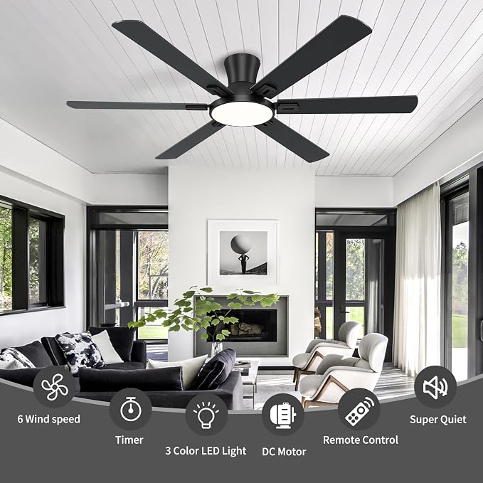 60 Inch Black Ceiling Fans with Lights and Remote, Flush Mount Low Profile 6 Blades Ceiling Fan, Quiet Reversible DC Motor for Living Room, Bedroom and Patio