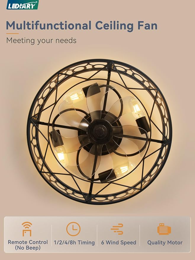 LEDIARY Caged Ceiling Fans with Lights and Remote, 20in Small Low Profile Ceiling Fan with Light, 6 Speed Farmhouse Flush Mount Ceiling Fan for Bedroom, Kitchen, Living Room-Black