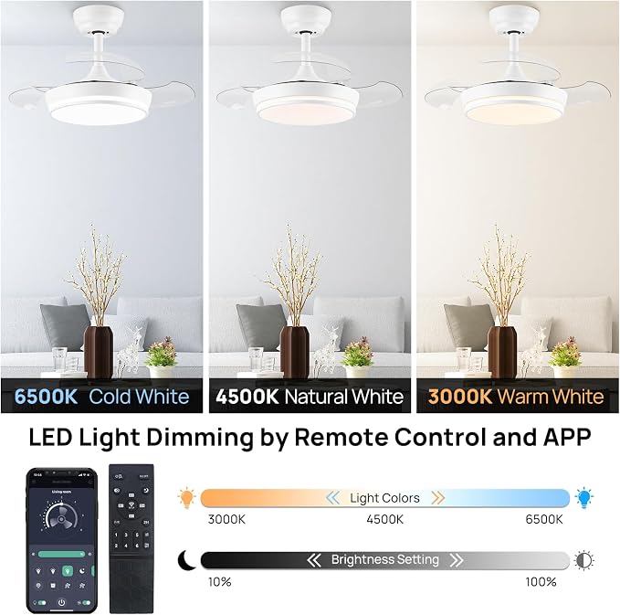 STERREN 30" Retractable Ceiling Fans with Lights, Dimmable LED Ceiling Fan Remote Control, Modern Small Fan Light for Bedroom Living Room Dinning Room Kitchen, 3000K-6500K, 6 Speed (White)