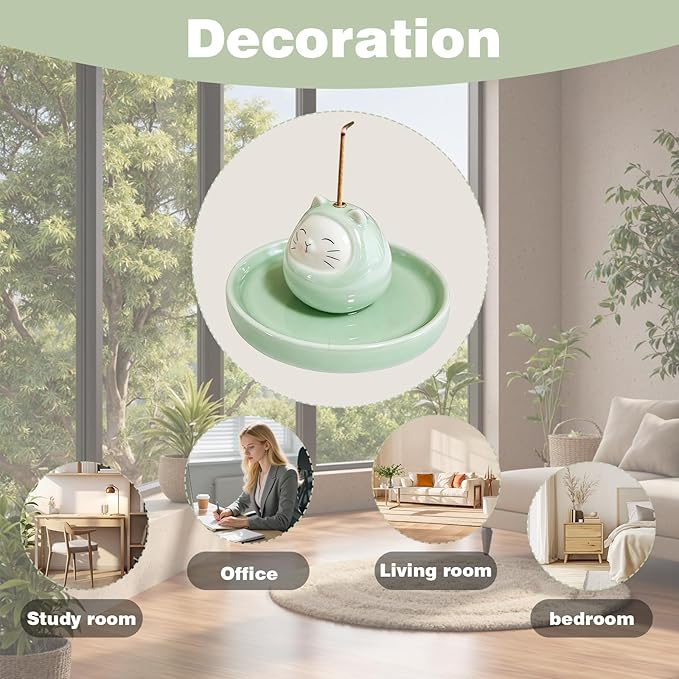 Ceramic Cat Incense Holder for Stick Incense, Cute Animal Incense Burner with Tray, Indoor Aromatherapy Decor for Home, Desk, Meditation & Relaxation
