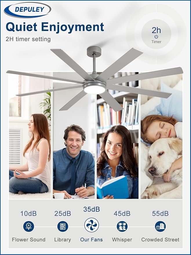 Depuley 66" Ceiling Fans with Lights: Large Indoor/Outdoor Ceiling Fan for Patios Living Room - 8 Blades Silver Dimmable Ceiling Fans with Remote APP Control Timer Reversible Quiet DC Motor 6 Speeds