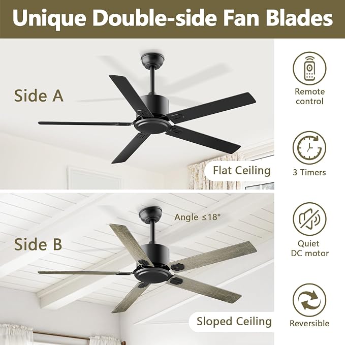 Obabala Outdoor Ceiling Fan No Light, 42 Inch Black Modern Ceiling Fan Without Light, Dual Finish 5 Blades,6 Speed, Reversible Quiet DC Motor for Patios, Garage, Bedroom, Porch