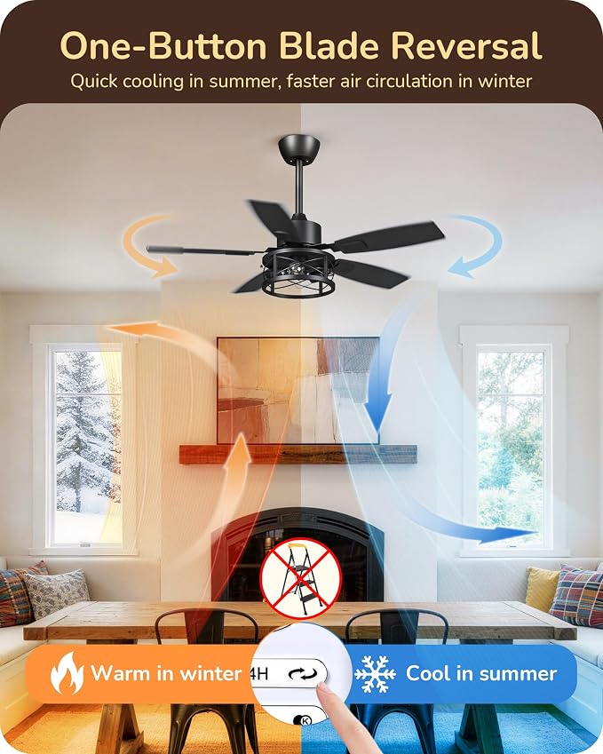 EDISHINE 42" Farmhouse Ceiling Fans with Lights and Remote, 10%-100% Dimmable, 6 Speeds, 5 Wood Blades, Reversible DC Motor, Timer, Quiet, Rustic Caged Fandelier Ceiling Fan for Bedroom Living Room