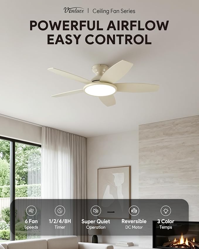 VONLUCE Ceiling Fans with Lights, 42 Inch Ceiling Fan and Remote, Full-spectrum LED Light, 3CCT, 6-Speeds Noiseless Reversible DC Motor, Modern Ceiling Fan for Bedroom Living Room Farmhouse, Boho