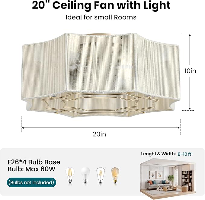 Boho Ceiling Fan with Light, 20'' Flush Mount Caged Ceiling Fan with Light Remote Control, Cotton Rope Low Profile Fandelier with 6 Speeds for Bedroom, Living Room
