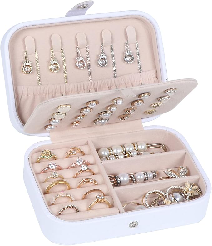 Hatori Travel Jewelry Box, PU Leather Small Jewelry Organizer for Women Girls, Double Layer Portable Mini Travel Case Display Storage Holder Boxes for Stud Earrings, Rings (White Beige)