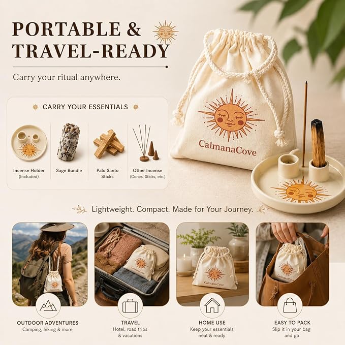 Incense & Palo Santo Holder – 6.5'' Ceramic Sage Burner for Sticks, Bundles, Cones, Candle & Tealight with Ash Catcher – Jewelry Tray, Smudge Pot, Home Décor, Meditation Gift (Golden Sun)