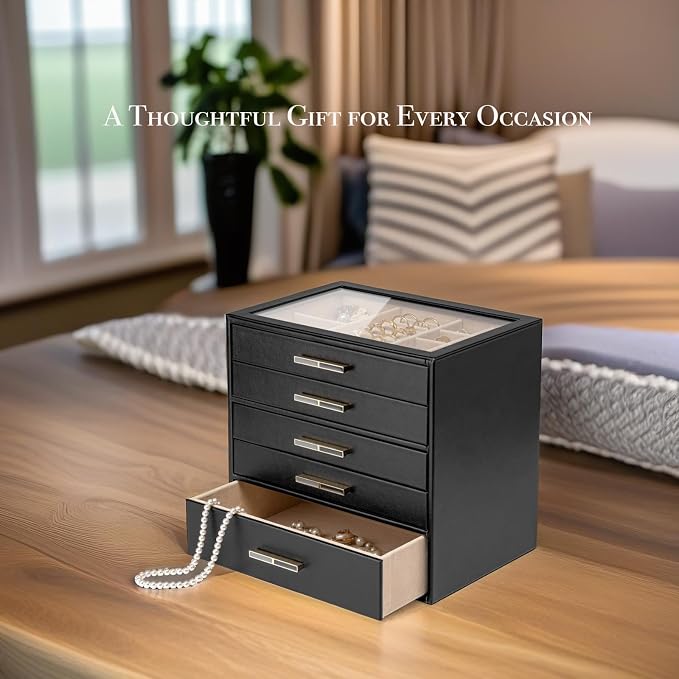 VLANDO 5-Drawer Jewelry Box with Glass Lid, Faux Leather Organizer for Rings Earrings Necklaces and More, Gift-Ready Jewelry Case for Women Girls or Moms, Black