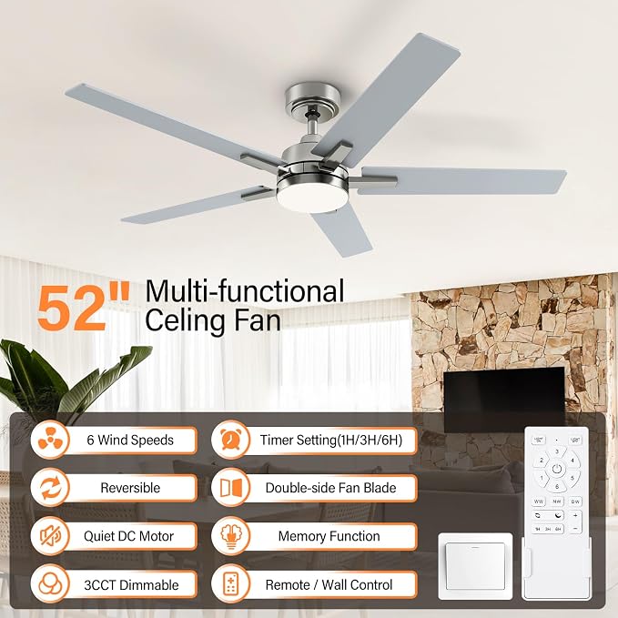 52 Inch Brushed Nickel Ceiling Fans with Lights and Remote, Low Profile 5 Blades Ceiling Fan with Downrods, Reversible, 3CCT, Dimmable, Noiseless for Living Room, Bedroom and Patio