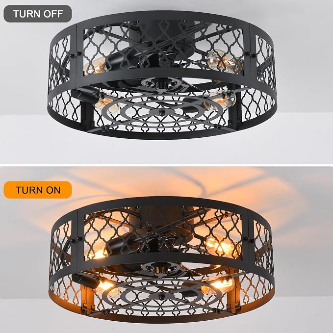 Garwarm 20in Caged Ceiling Fan with Light,Bladeless Black Fandelier Ceiling Fan with Remote,Industrial Farmhouse Flush Mount Ceiling Fans Light Fixtures for Kitchen,Bedroom,Living room（6 Speed,Timing）