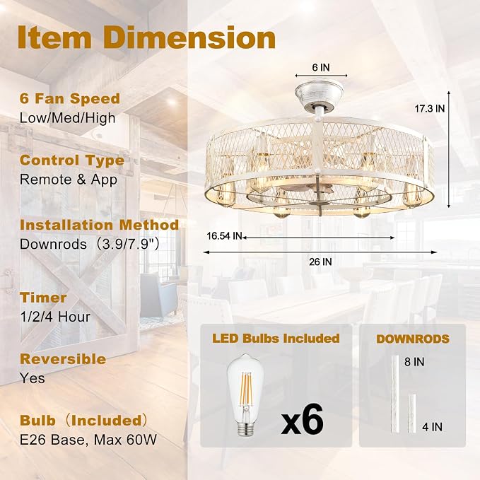 Depuley Cage Ceiling Fan with Light: Rustic Cement Caged Ceiling Fan Light Fixture - Flush Mount Ceiling Fans with Remote - 26 in Industrial Low Profile Fandelier for Kitchen Indoor Dining Room
