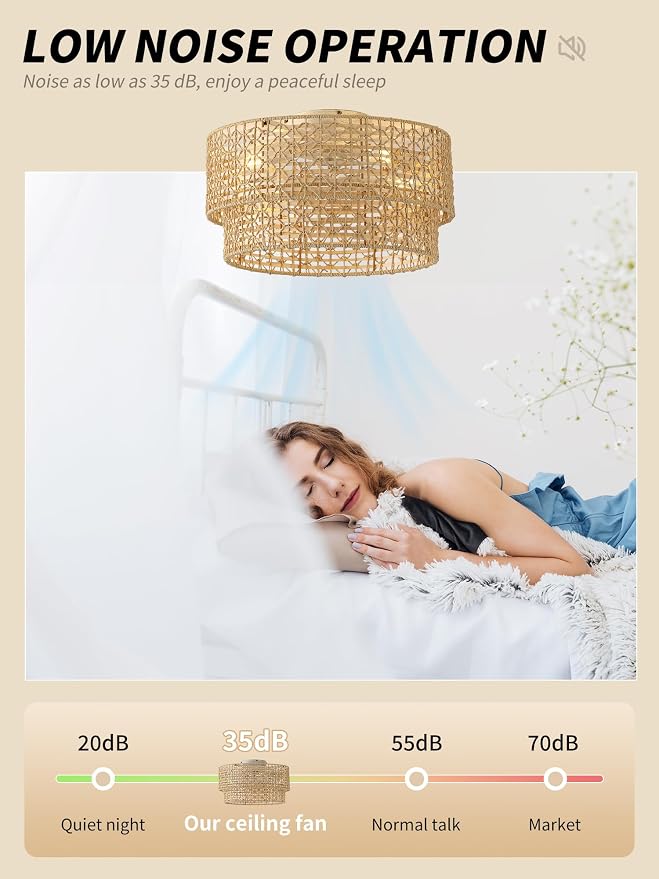 Flush Mount Ceiling Fan with Lights Low Profile, 20" Rattan Boho Ceiling Fan with Light Remote Control, Bladeless Caged with 6 Speeds for Bedroom, Living Room, Nursery