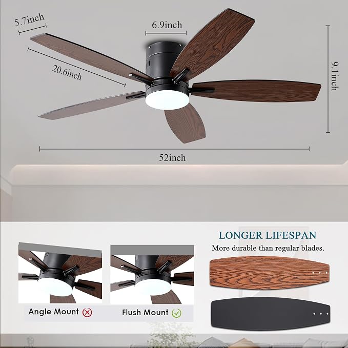 Ayaoty Ceiling Fans with Lights, 52" Low Profile Indoor Ceiling Fan with Light and Remote Control, Dimmable, Noiseless, Reversible, Brown Ceiling Fan for Bedroom, Indoor/Outdoor Use