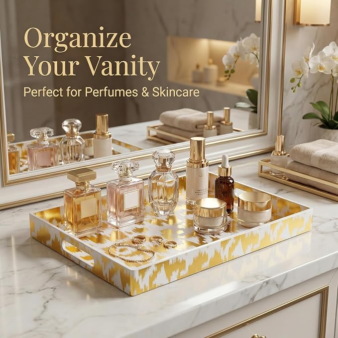Decorative Serving Tray with Handles - 16" x 12" Large Rectangle Coffee Table Decor - Modern Gold Aesthetic Vanity Tray for Ottoman, Bedroom & Bathroom