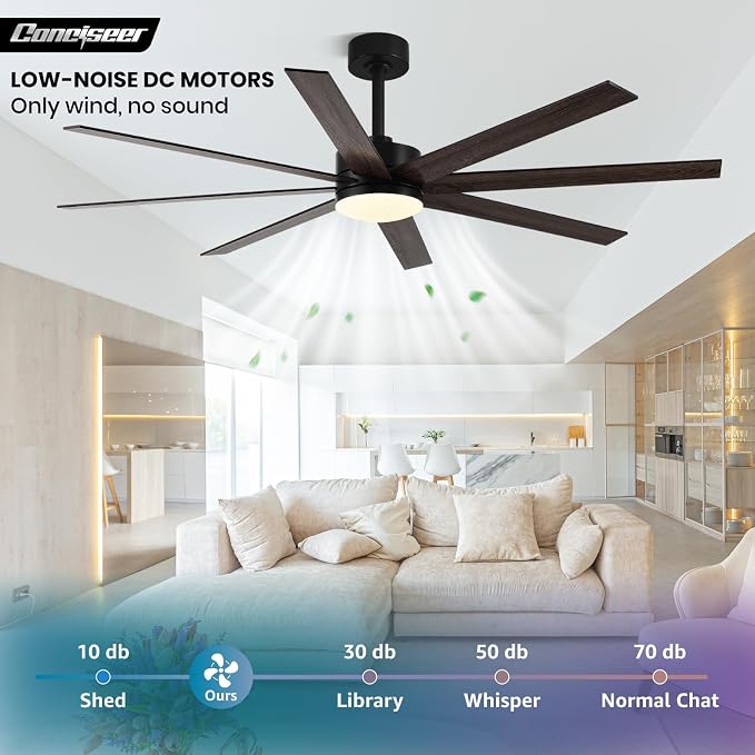 Conciseer 72 Inch Ceiling Fans with Lights, Remote Control, Dual-Color 8 Blades, 24W 3CCT,6-Speed Reversible Quiet DC Motor - Black and Wood Grain for, Living Room, Kitchen Brown