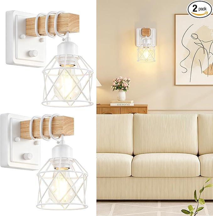 FadimiKoo Wall Sconces Set of Two, Farmhouse Hardwired White Wall Lamps with Wooden Arm & On/Off Dimmable Switch, Modern Bathroom Light Fixtures with Metal Shade for Living Room, Hallway, Bedroom