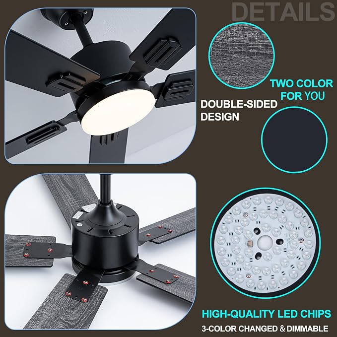 Coolwind Black Ceiling Fan with Display Remote/APP Control, 52 Inch Noiseless Modern 5 Blade Ceiling Fan with 8 Speeds & 3CCT, Dimmable, Timer, DC Reversible Motor for Bedroom, Living Room