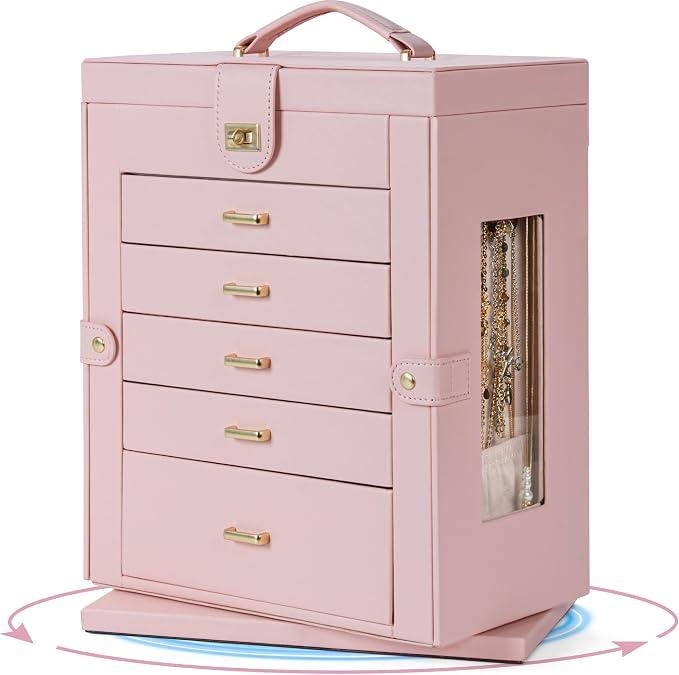 AKOZLIN 6-Tier Jewelry Box Organizer Functional 5 Drawers Leather Jewelry Storage Case for Women Girls Ring Necklace Earring Bracelet Holder Organizer with Mirror XL Pink 360° Rotating
