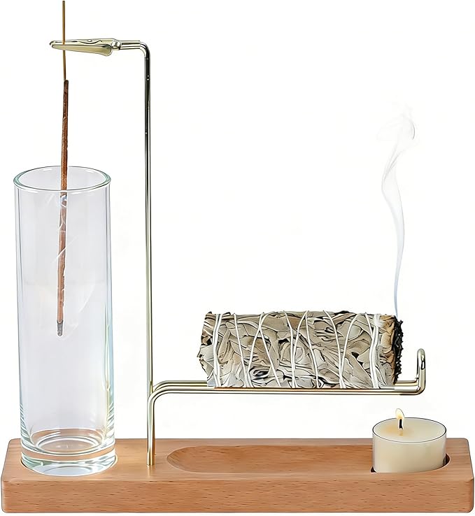 3 in 1 Incense Holder for Burning Insence-Stick & Palo Santo & Sage Sticks, Hanging Upside Down Incense Stick Burner with Glass Ash Catcher, Lasting Burning Palo Santo Sage Burner for Altar