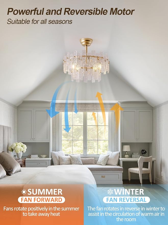20" Gold Fandelier Ceiling Fan with Light,Gold Crystal Chandelier Ceiling Fans with Lights and Remote Control,Mid-Century Modern Caged with 6 Speeds for Living Room Bedroom Nursery