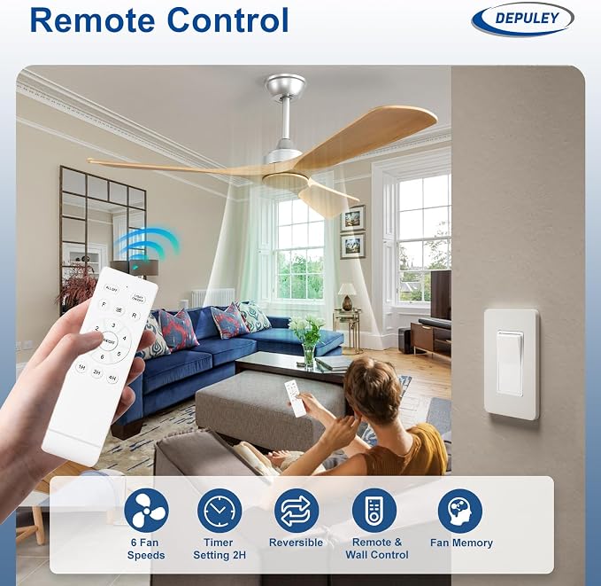 Depuley Ceiling Fan Without Light: 52 Inch 3 Blade Indoor Outdoor Fans for Patios - Wood Ceiling Fan No Light Remote Control Living Room Fans Ultra Quiet DC Motor Reversible 6 Speed