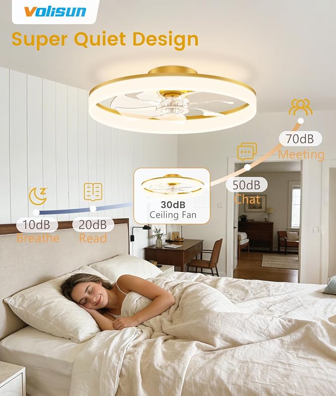 VOLISUN Low Profile Ceiling Fans with Lights and Remote, 24in Fandelier Ceiling Fan Flush Mount, 3000K-6500K Smart Bladeless LED Fan Light, Gold Modern Ceiling Fans with Lights for Bedroom