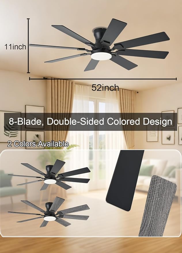 JSAITEE 52 inch Ceiling Fan with Light, 6 Speeds Reversible Low Profile Ceiling Fan with Light and Remote/APP Control, 3 Color Temp+Dimmable RGB, 8 Blades, Flush Mount Quiet Ceiling Fans, Black