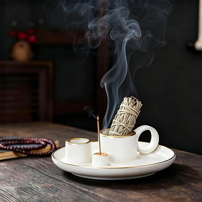 Multifunction Incense and Candle Holder for Burning Sage, Palo Santo, Incense Sticks - 5.9" Ceramic Ash Catcher Tray for Meditation Room Home Decor (A)
