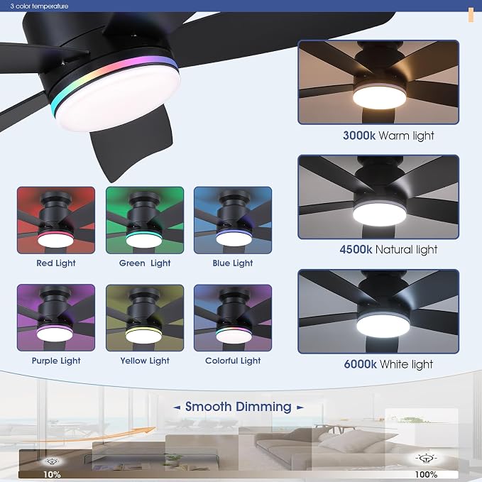 Wiviniya 41 Inch Black Flush Mount Ceiling Fans with RGB Lights, 5 Reversible Blades, 6-Speed 2H Timer, RGB & 3 CCT Dimmable, Remote & APP Control for Bedroom Living Room