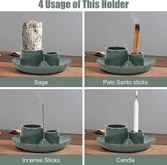 4 in 1 Incense Holder, Ceramic Incense Burner, Palo Santo Holder, Ash Catcher Tray for Meditation Room, Candle Holder for Burning Sage (Green)