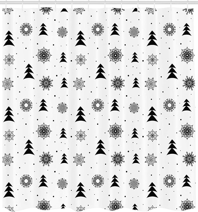 Ambesonne Nordic Shower Curtain, Christmas Pine Trees Snowflakes Noel Winter North Holiday Celebration Graphic Art, Cloth Fabric Bathroom Decor Set with Hooks, 69" W x 75" L, Black White