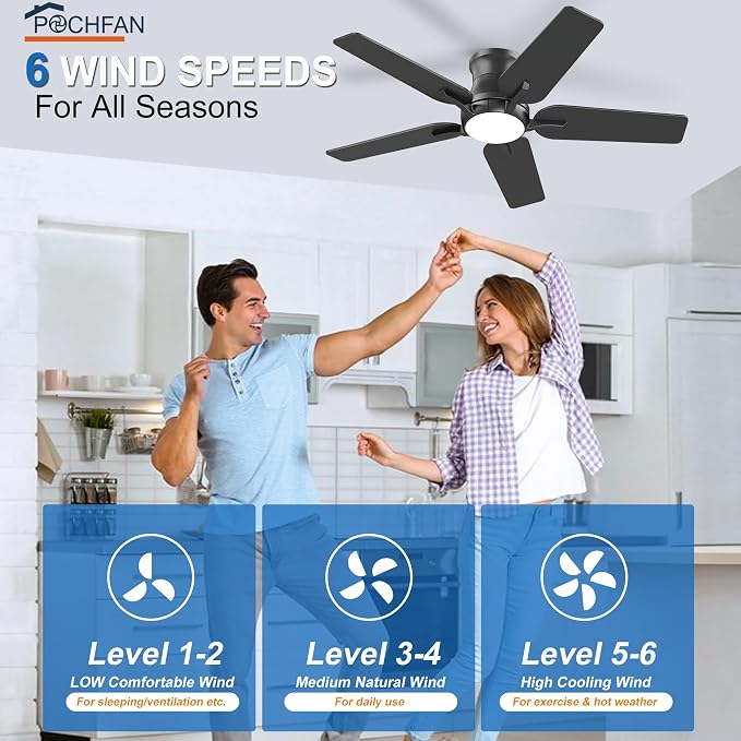 POCHFAN 42 Inch Black Ceiling Fans with Lights and Remote, Flush Mount Low Profile Ceiling Fan for Bedroom, Living Room, Patio, Dimmable 6 Speeds Noiseless Reversible, ETL Listed