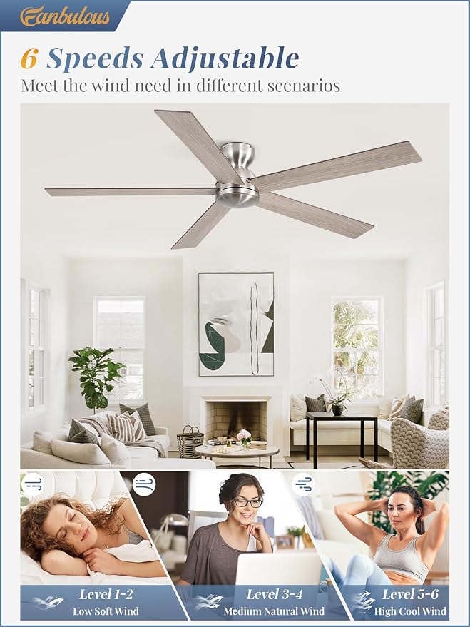 60 Inch low profile ceiling fan, Brushed Nickel Large Ceiling Fan no Lights, 6-Speeds, Quiet Reversible DC Motor, Indoor/Outdoor Ceiling Fans no light for Patios, Living Room, Bedroom