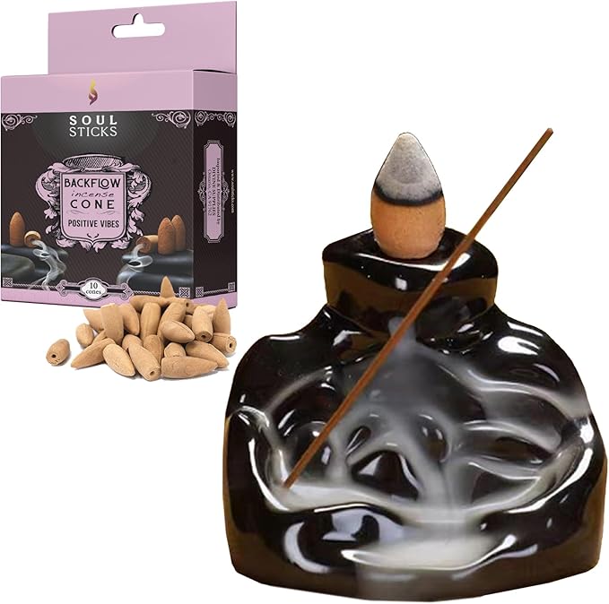 SOUL STICKS Backflow Incense Holder Burner Waterfall Fountain for Home, Office, Yoga, Room Decor & Aromatherapy with 1 Pack of 10 Backflow Fragrance Cones Included (Primrose Path)