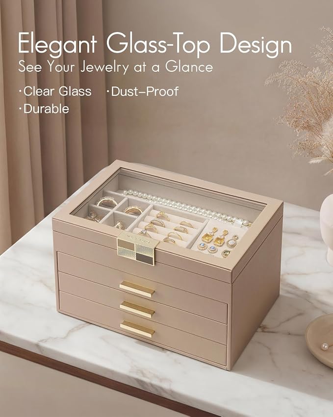VLANDO Jewelry Box Organizer for Women, 4-Layer Jewelry Storage Case with Glass Lid, Gold Handle, 3 Drawers for Rings, Earrings, Necklaces and Bracelets - Toffee