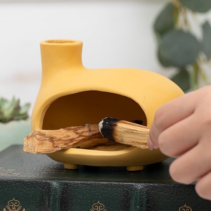MOUGIGI Yellow Palo Santo Holder with Chimney–Mini Fireplace Incense Burner for Sage Burning, Wood Sticks, Cones&Tealights-Handcrafted Ceramic Smudge Bowl,Aromatic Incense Burner-Yoga Meditation Gift