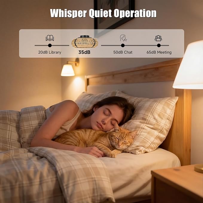 ocioc 20" Fandelier Ceiling Fans with Lights and Remote,Caged Ceiling Fan with Light,Flush Mount Low Profile,Bladeless,Quiet Reversible DC Motor,Boho Rattan Ceiling Fan for Bedroom,Living Room