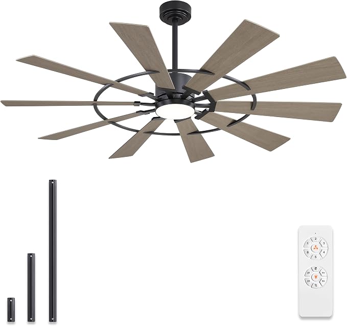 WINGBO 72" Windmill Ceiling Fan with Lights, 3 Downrod, 6-Speed Reversible DC Motor, 3CCT, 10 Blade Indoor Farmhouse DC Ceiling Fans for Kitchen Bedroom Living Room Patio, Matte Black and Grey