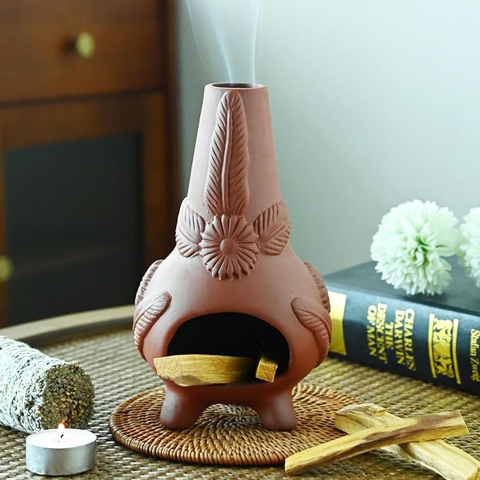 Palo Santo Holder, Ceramic Incense Burner for Wood Sticks, Sage, Cones,Mini Chimenea Palo Santo Burner with Ash Brush for Meditation Yoga Spa Room Decor