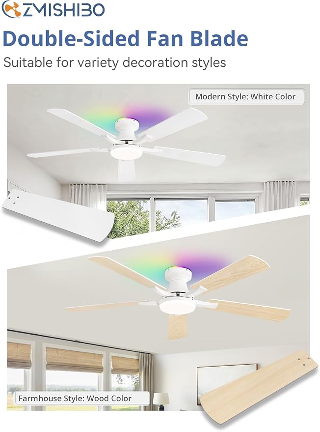 ZMISHIBO 52 Inch Ceiling Fan with RGB Lights, Low Profile Flush Mount with Alexa/App/Remote, Dimmable 20W LED Light, White Modern for Living Room, Bedroom, Game Room