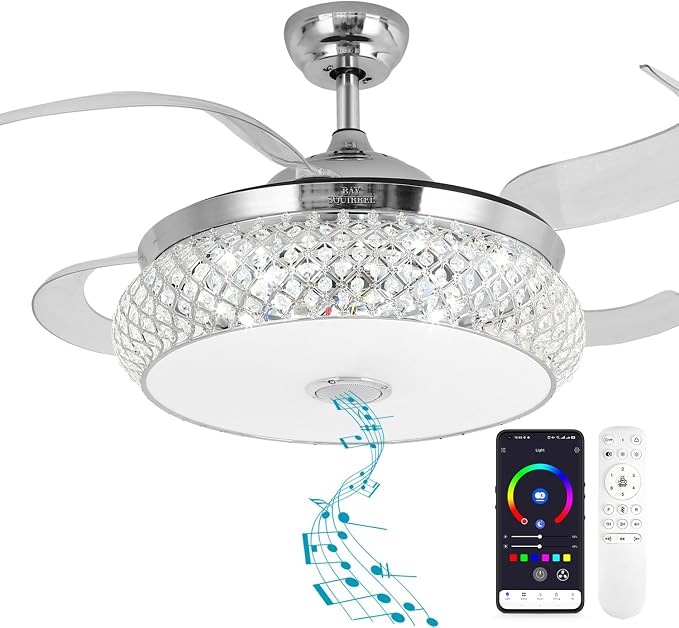 BAYSQUIRREL Retractable Ceiling Fan with Light, Low Profile Bluetooth Ceiling Fan with Speaker,RGB-LED Light 6 Speed Reversible Invisible Ceiling Fans for Bedroom,Remote and APP Control