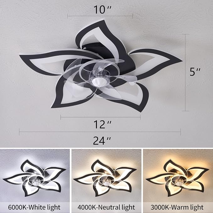 Dalouguan Ceiling Fan with Lights Remote Control, 24" Black, 6 Speeds 3 Light Color Low Profile Flush Mount Ceiling Fan for Kitchen Bedroom