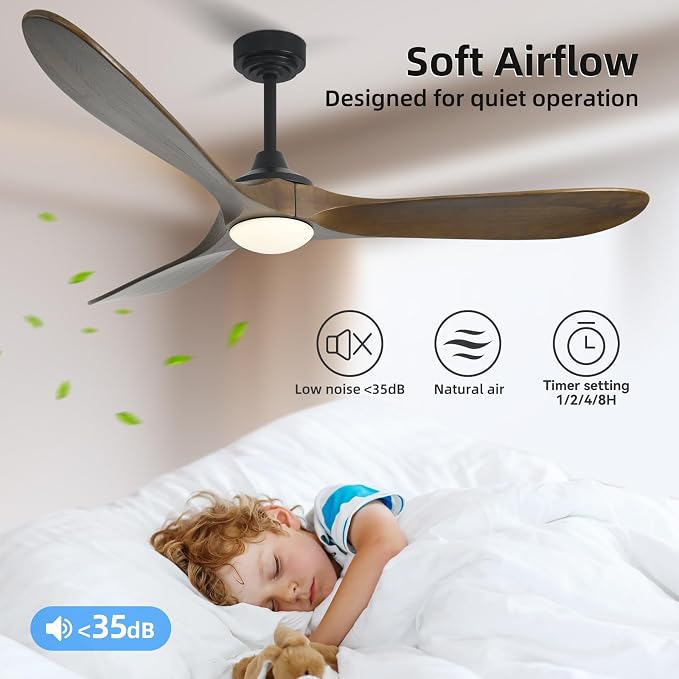 60” Outdoor Ceiling Fan with Light 3 Downrods, Smart Wood Ceiling Fan Compatible with Alexa/Google/App, 3 Blades Modern Walnut Wood Ceiling Fans for Kitchen Living Room Patio,Bronze