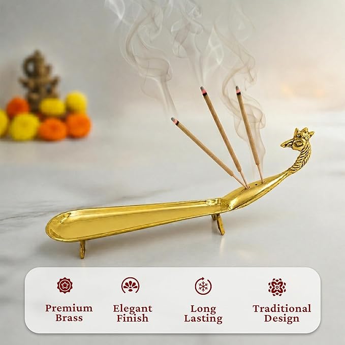 Putrika Brass Incense Stick Holder Stand | Holder | Burner with Ash Catcher Agarbatti | Batti Stand Dhup | Dhoop Best for Puja | Pooja [24cm*2.5cm*7.5cm][Weight: 170gm]- Peacock Agarbatti (Plain)