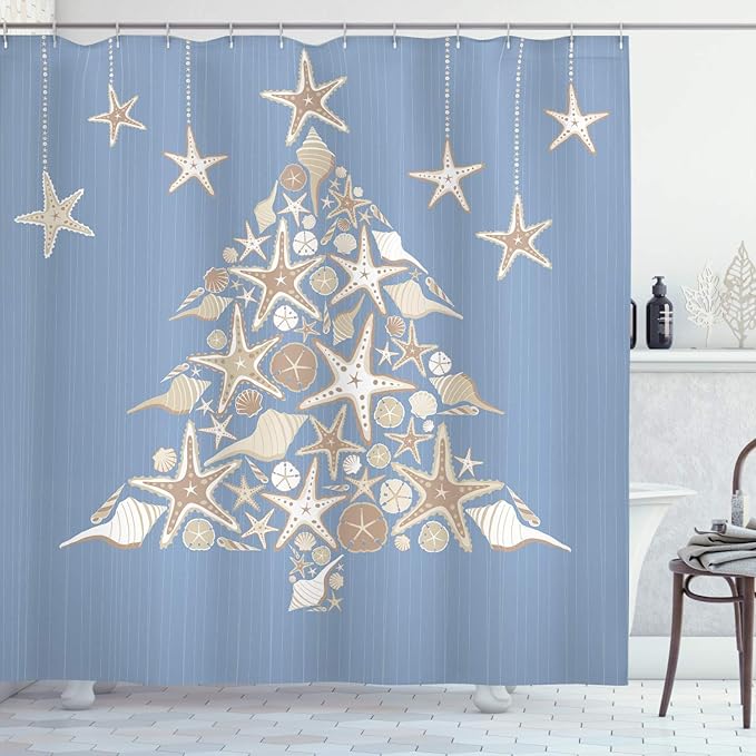 Ambesonne Christmas Shower Curtain, Nautical Elements Sea Life Theme with Noel Tree Winter Season, Cloth Fabric Bathroom Decor Set with Hooks, 69" W x 75" L, Beige Cream