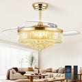 FIDGRA 52 Inch Fandelier Ceiling Fan with Light, Retractable Chandelier Fan, 3 Color Temperature, 6 Wind Speed, Crystal Ceiling Fan for Bedroom Living Room Dining Room-Gold