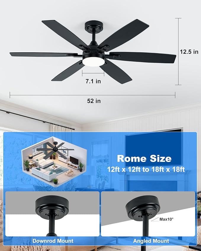 Coolwind 52" Ceiling Fan with Light, Black 6 Double-Side Blades and App/Display Remote Control, 6 Speed Reversible DC Motor, 3CCT Dimmable Led Flush Mount Ceiling Fan for Bedroom Indoor/Outdoor Use